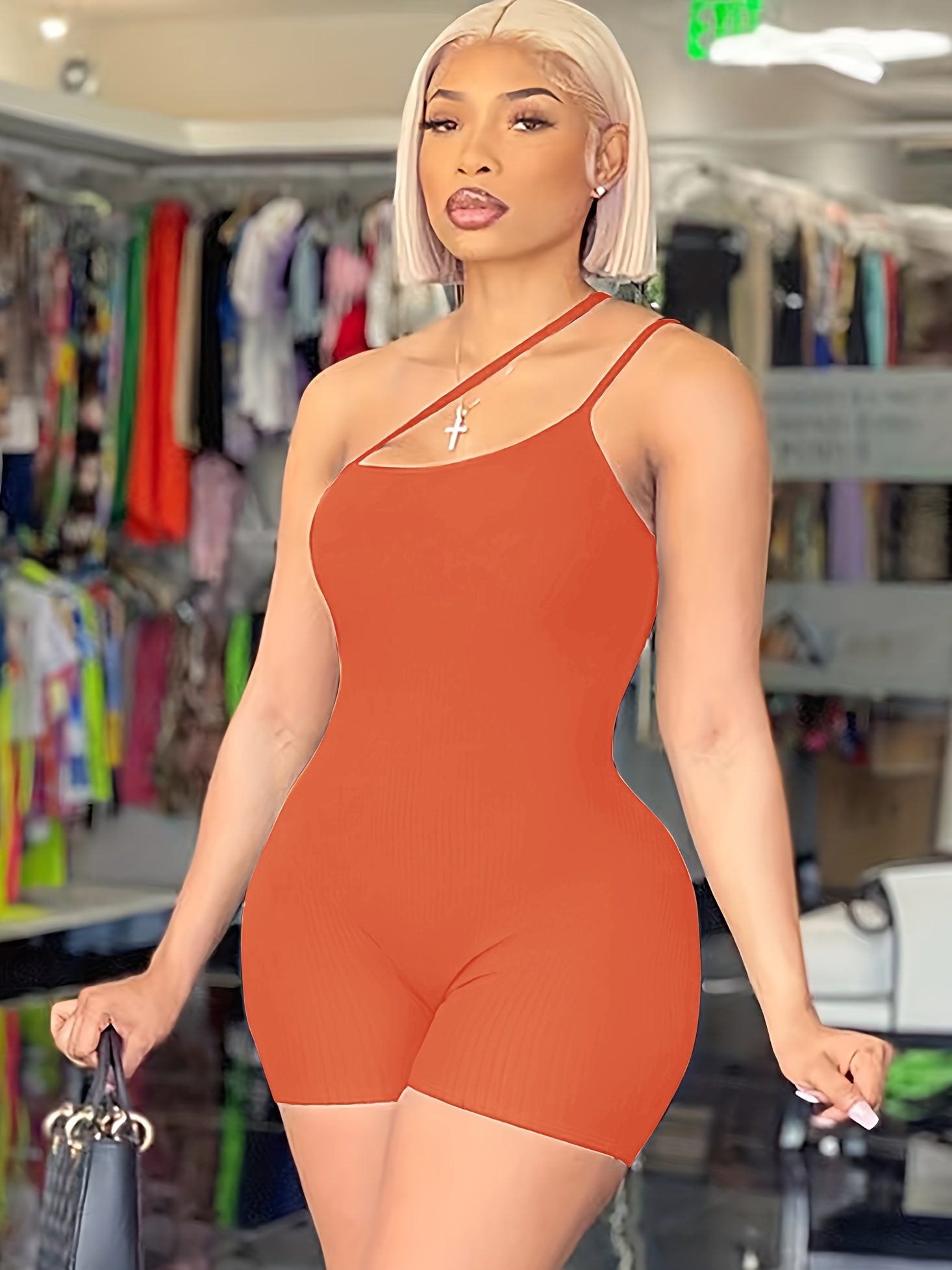 Solid One Shoulder Slim Romper Jumpsuit - Sexy Sleeveless Design - For Women - Perfect for Parties & Night Out - Stylish Gift for Fashionable Ladies